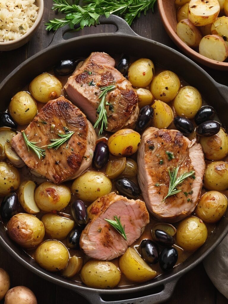 Sauté de porc aux olives et pommes de terre