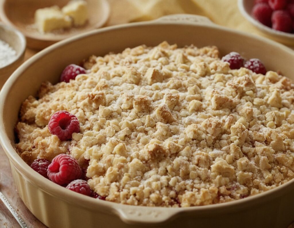 préparation de crumble aux pommes et framboises