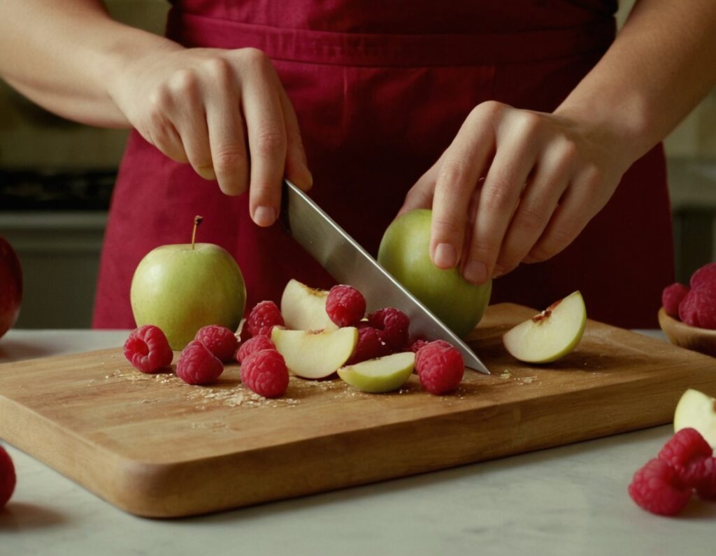 couper les fruits pour le crumble aux pommes et framboises